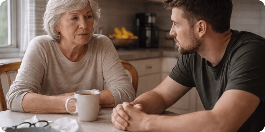 An older woman and a younger man sit at a kitchen table, engaged in a serious conversation